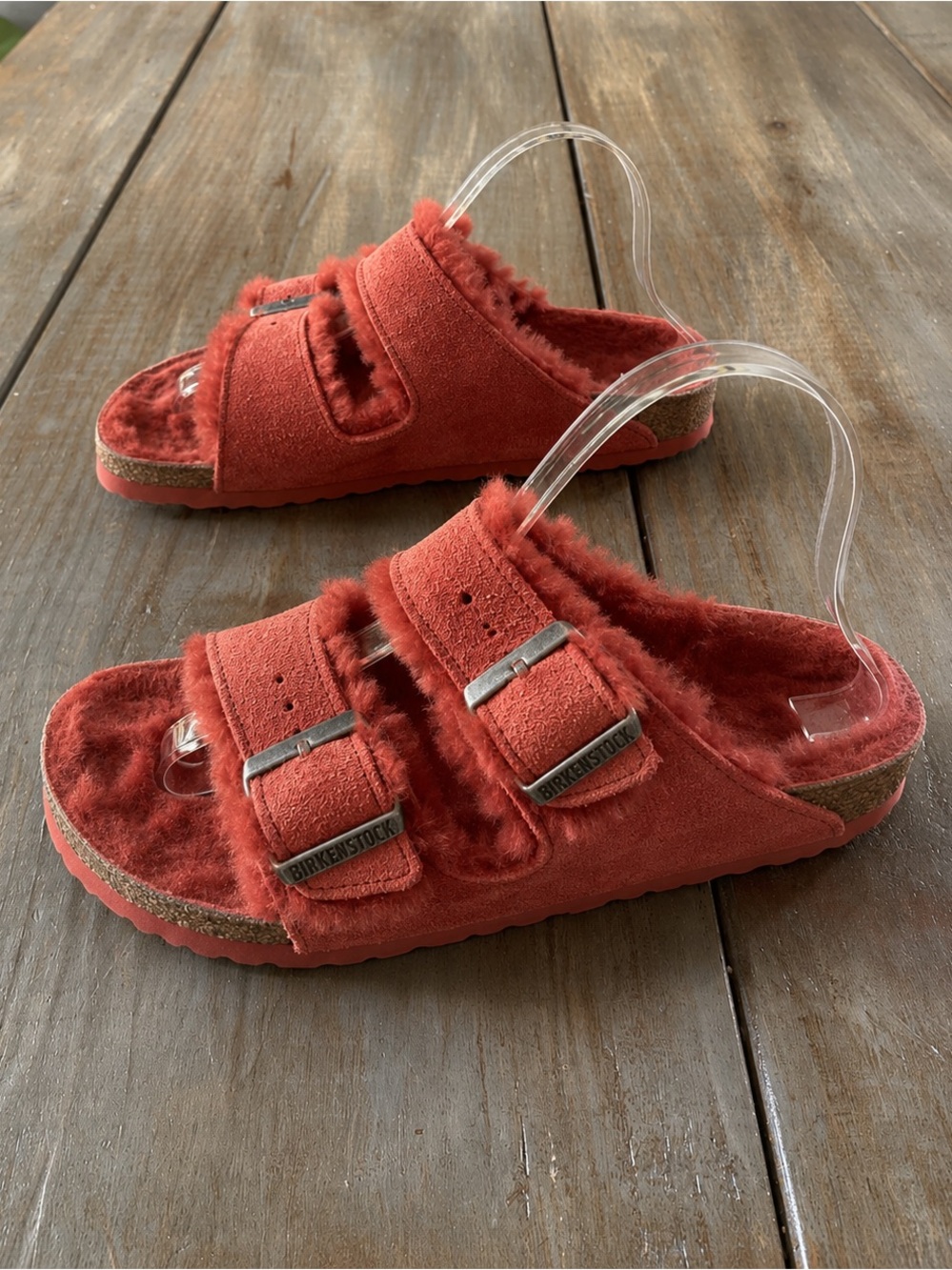 Birkenstock Arizona Shearling Suede Fur Lined Buckle Sandals Womens 9 260 Coral - Picture 5 of 12